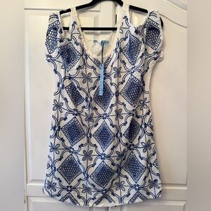 Solitaire Swim Tunic Top Womens White Blue Embroidered Beach Cover Sz L